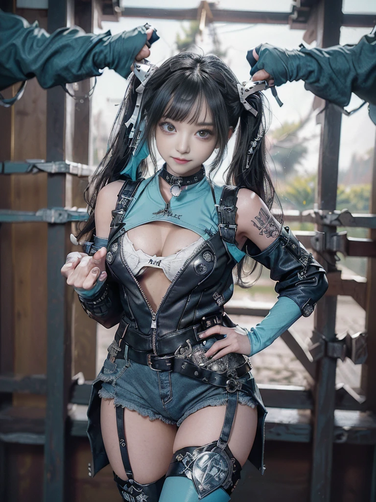 (Full body view:1.4)、(Full Body View:1.4)、(Side view:1.1)、(Smiling with teeth showing:1.3),(Shibuya Gal:1.5)、(Maid café clerk:1.5)、(Punk RockVisual Kei:1.4)、(Turquoise, navy and denim medieval noble zip up:1.5)、(Navy and white arm covers and bugle pants:1.5)、(Blue high heels:1.3)、(Wearing silver accessories:1.5)、(Dark brown collar:1.4)、(Leather garter belt:1.4)、(Brown Skin Belt:1.3)、(headgear:1.3)、(Black lace underwear:1.5)、20-year-old、NSFW、((highest quality、In 8K、masterpiece:1.3))、Sharp focus:1.2、(Layered Cut、Huge boobs:1.1),Beautiful woman with perfect figure:1.4、(Doing an aerobics pose:1.3)、Slender Abs:1.2、Highly detailed face and skin texture、Detailed eyes、double eyelid,(Twin tails:1.3)、(Black Hair:1.3)、Gravure idol、(A fairytale-like cafe with a lush tree background:1.3)、(Slim body:1.3),(Make your legs thinner:1.4),(Thin, thin thighs:1.3)、(clavicle:1.1)