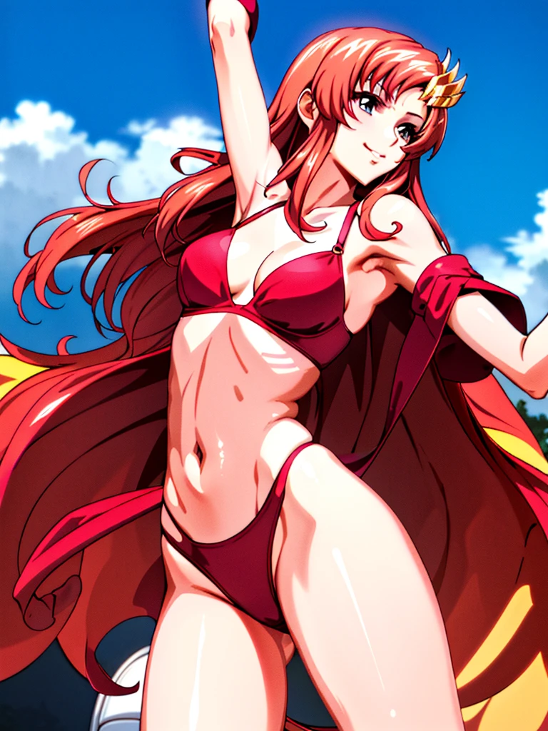 lacus4, (red bikini, running, thong, tall girl, masterpiece, cowboy shot, very slim shoulders, 4K, Best Quality, Anime style: 1.9, happy, Adult Woman, (ultra detailed head), (Crowd, cloud background), Drawing lines, high resolution, lacus4), 1girl, Solo, curvy figure, clavicle, scapular, (Detailed wide hair bangs, very long hair, Hair Ornament, Detailed reddish-pink hair, shiny streaks, slim arms, detailed golden crest), cleavage, large hands, (hair cover shoulders). (Big blue eyes, shiny eyes), ((female wrestler, (slim body), slim arms, thighs)), ((perfect proportions, medium-small breasts, medium thighs, long belly)), ((totally red bra, leg strap)), smile with a wink, (standing, hot colors), detailed fingers, (bare shoulder, stretching, one arm up, looking away)