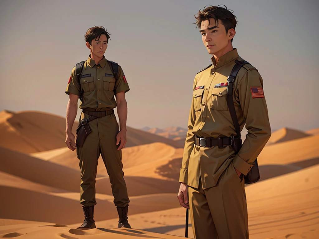 Portrait of a man in his 40s、standing、 soldier、Long body、 、desert background、