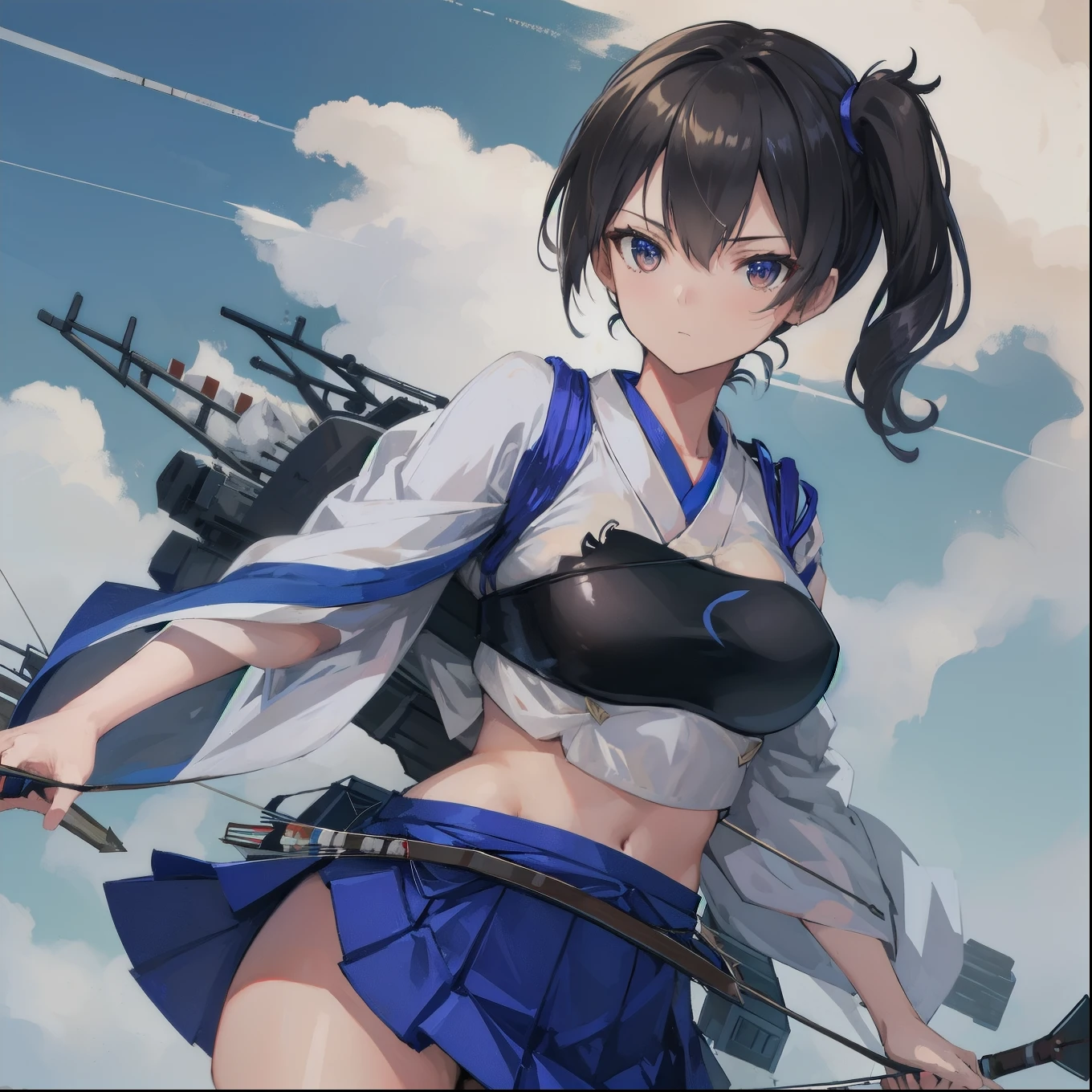 Kaga(Fleet Collection),highest quality, masterpiece, High resolution,kimono,blue skirt,side ponytail,big_breasts,solo,Japanese_bow&arrow,dynamic_posing,half_eyes,solo