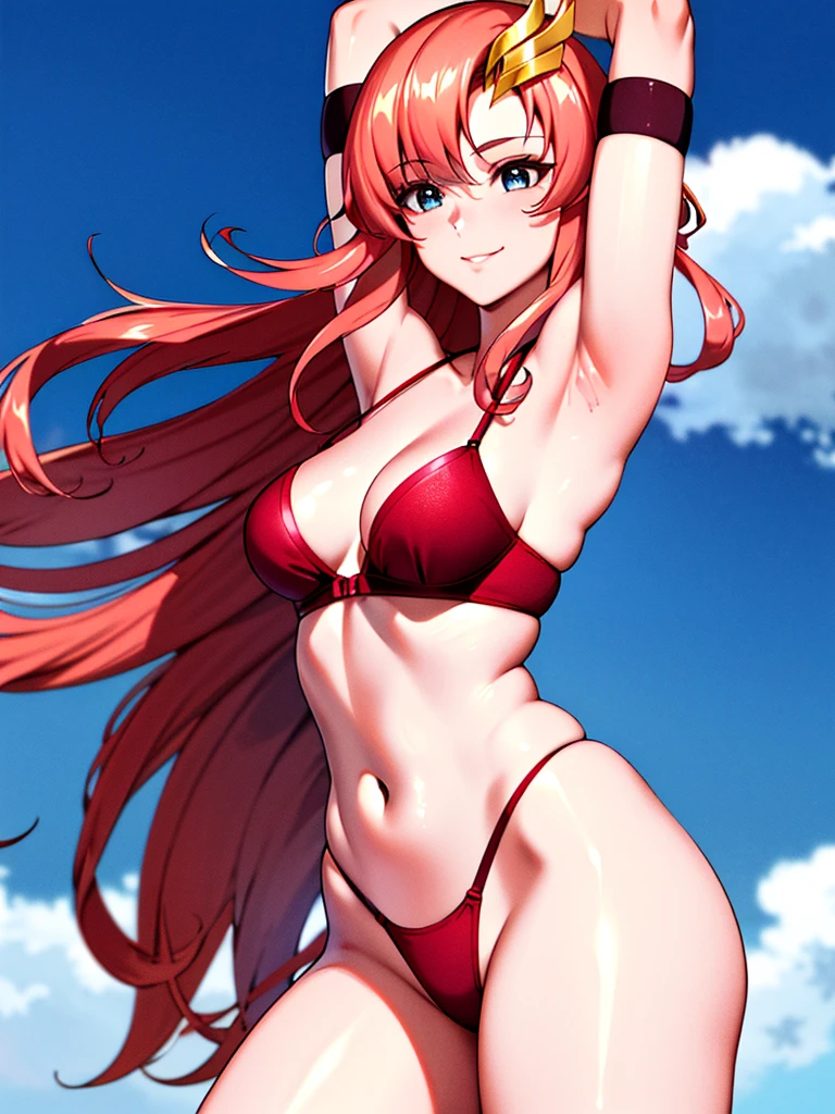 lacus4, (red bikini, running, thong, tall girl, masterpiece, cowboy shot, very slim shoulders, 4K, Best Quality, Anime style: 1.9, happy, Adult Woman, (ultra detailed head), (Crowd, cloud background), Drawing lines, high resolution, lacus4), 1girl, Solo, curvy figure, clavicle, scapular, (Detailed wide hair bangs, very long hair, Hair Ornament, Detailed reddish-pink hair, shiny streaks, slim arms, detailed golden crest), cleavage, large hands, (hair cover shoulders). (Big blue eyes, shiny eyes), ((female wrestler, (slim body), slim arms, thighs)), ((perfect proportions, medium-small breasts, medium thighs, long belly)), ((totally red bra, leg strap)), smile with a wink, (standing, hot colors), detailed fingers, (bare shoulder, stretching, one arm up, looking away)