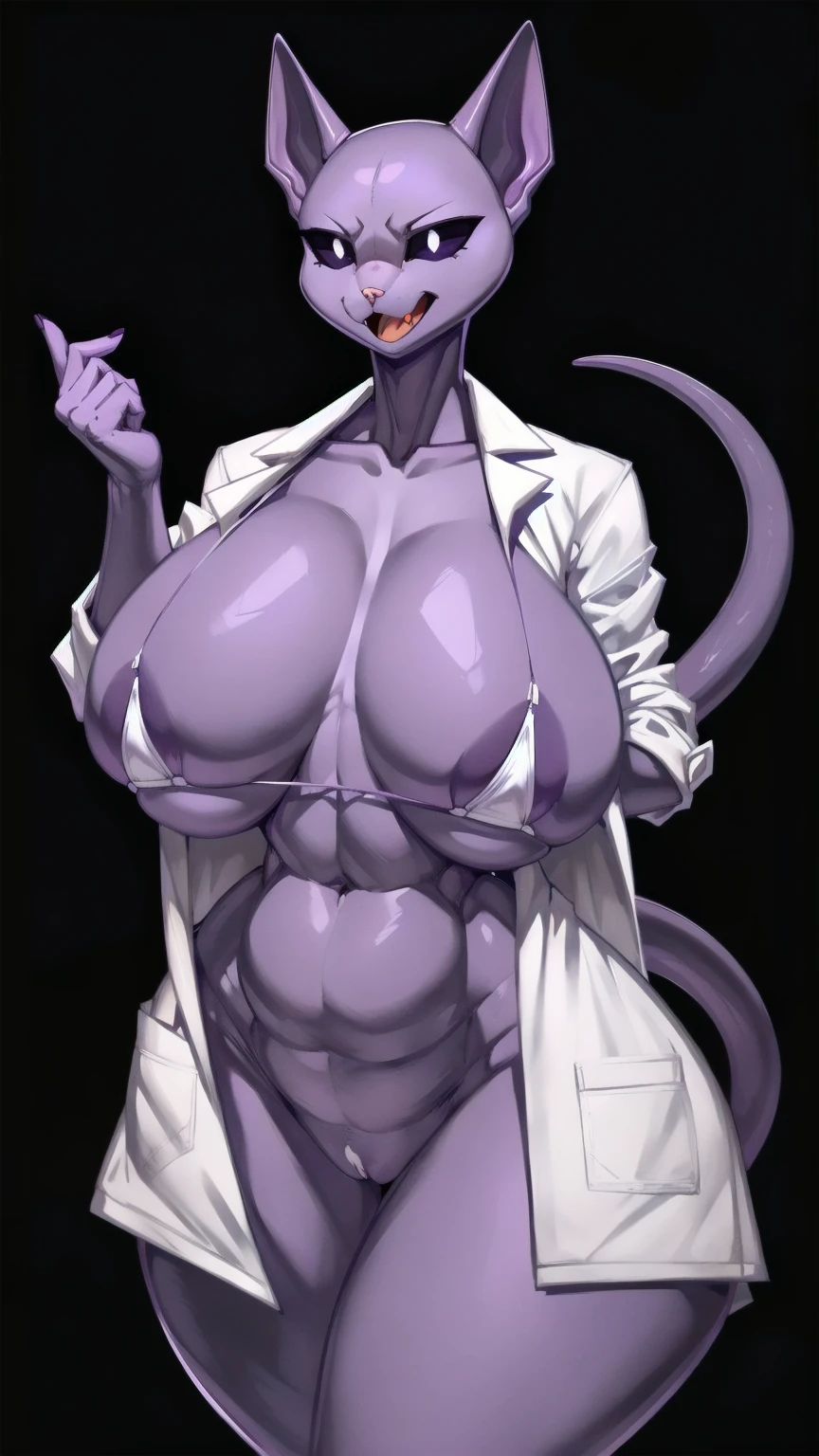 ((((White microbikini:1)))) bikini((made by zackary911:1 art style)), ((adorable cute sad cat face)), (colors her skin and face purple:1), focus on the female furry cat, ((small and tiny cat female body)), ((superiority and perfect body) ), ((female bald cat face dressed only in a white scientist's lab coat and a white Micro Bikini :1)), ((no hair anywhere on her body, no skin, total baldness, baldness:1)), masterpiece, Best quality, purple body and face color, a furry and feminine woman is a cute cat with purple hair, orange cat tongue, no hair anywhere on her body, pink cat nose, bare skin, big thighs, big tits and natural, big breasts, ((Hourglass figure)), (1.4), huge , thick, thick body, sexy massive female, Perfect body, big breasts, big ass, Perfect body, masterpiece, Best quality, full figure, voluptuous SEXY body, smooth. Perfect, athletic body, purple nipples, large oval eyes with black sclera and white pupils, orange tongue, ((purple inside her cat ears)), light pink cat nose, black and white eyes, ((long tail of dark purple color)), purple vagina, ((completely smooth face)), ((violet female sphinx cat face)), ((sphynx cat head)), orange cat tongue, adorable face, ((Cute face)), voluptuous cat woman, ((white scientist lab coat)), furry cat with an happy face expression, ((very angry face)), sad face, venus Perfect body, ((only 2 cat ears Normal purple, no hair on the head:1)), purple nipples, completely, high quality, masterpiece, adorable and sexy, Beautiful adorable Perfect body, violet color of the body and the face, big black eyes with white iris, cat mouth, cat teeth, bald body, on a romantic date, ((made by art style zackary911:1)