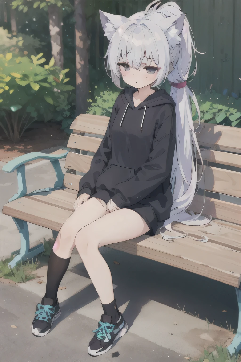 8K, 1 girl, With long white hair, white fox ears, white fox tail, (1 ponytail), in a black hoodie, in baggy black pants, in black sneakers, purple eyes, sad, and sad, with small breasts, Very thin, sitting on benches,