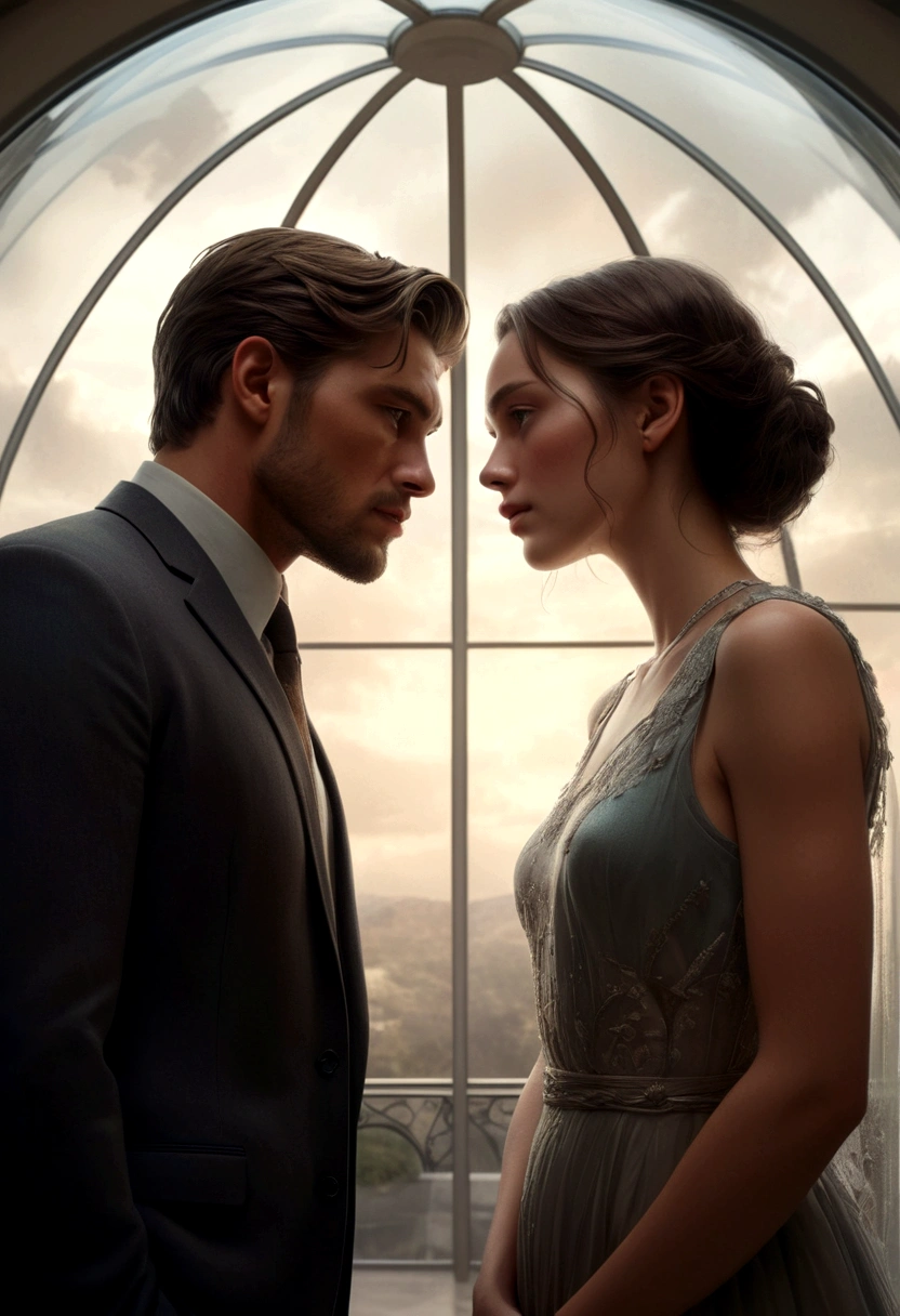 dramatic glass dome, photorealistic, couple separated by glass dome, detailed faces, expressive emotions, cinematic lighting, atmospheric, muted color palette, moody, emotive, digital painting, concept art
