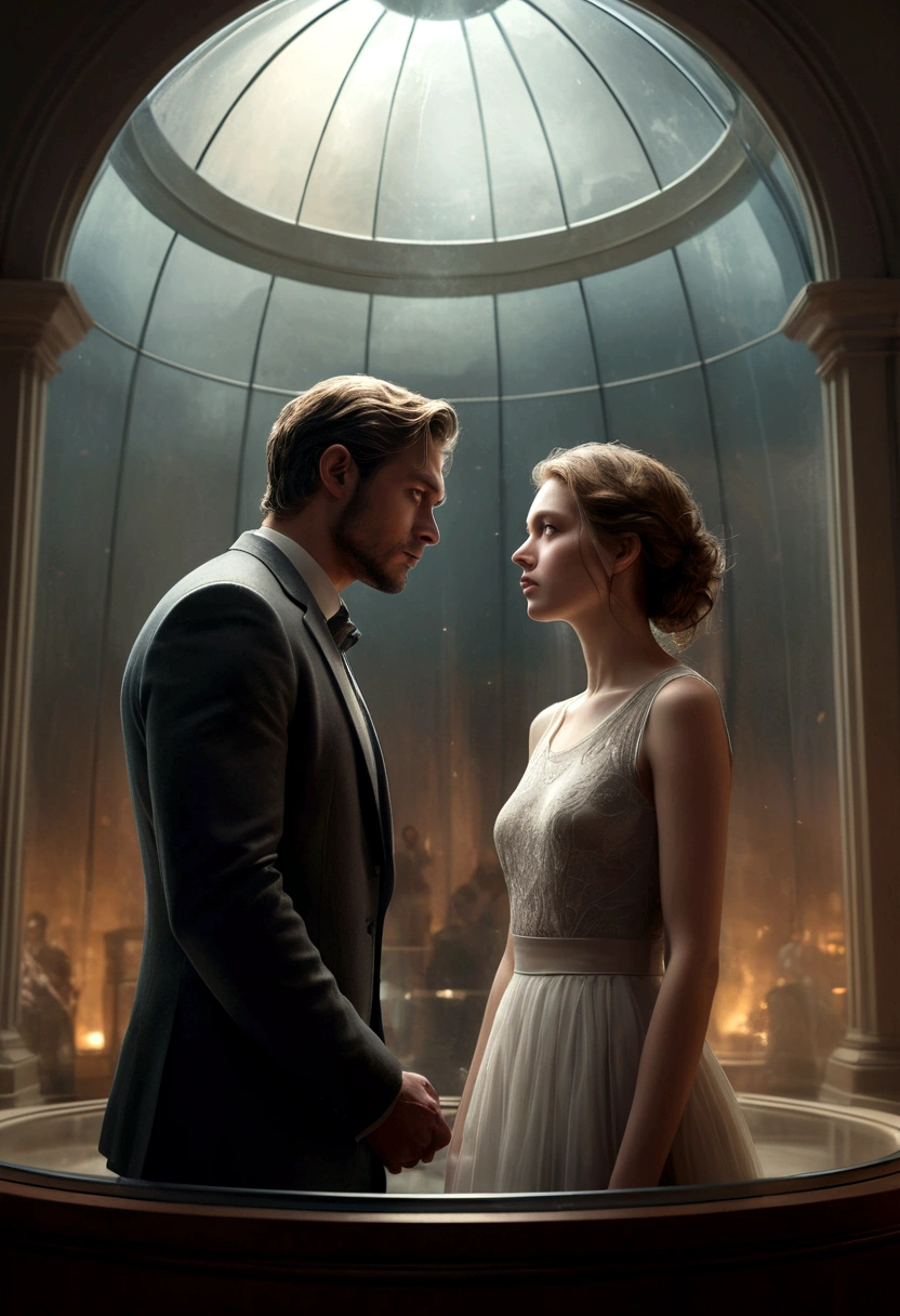 dramatic glass dome, photorealistic, couple separated by glass dome, detailed faces, expressive emotions, cinematic lighting, atmospheric, muted color palette, moody, emotive, digital painting, concept art