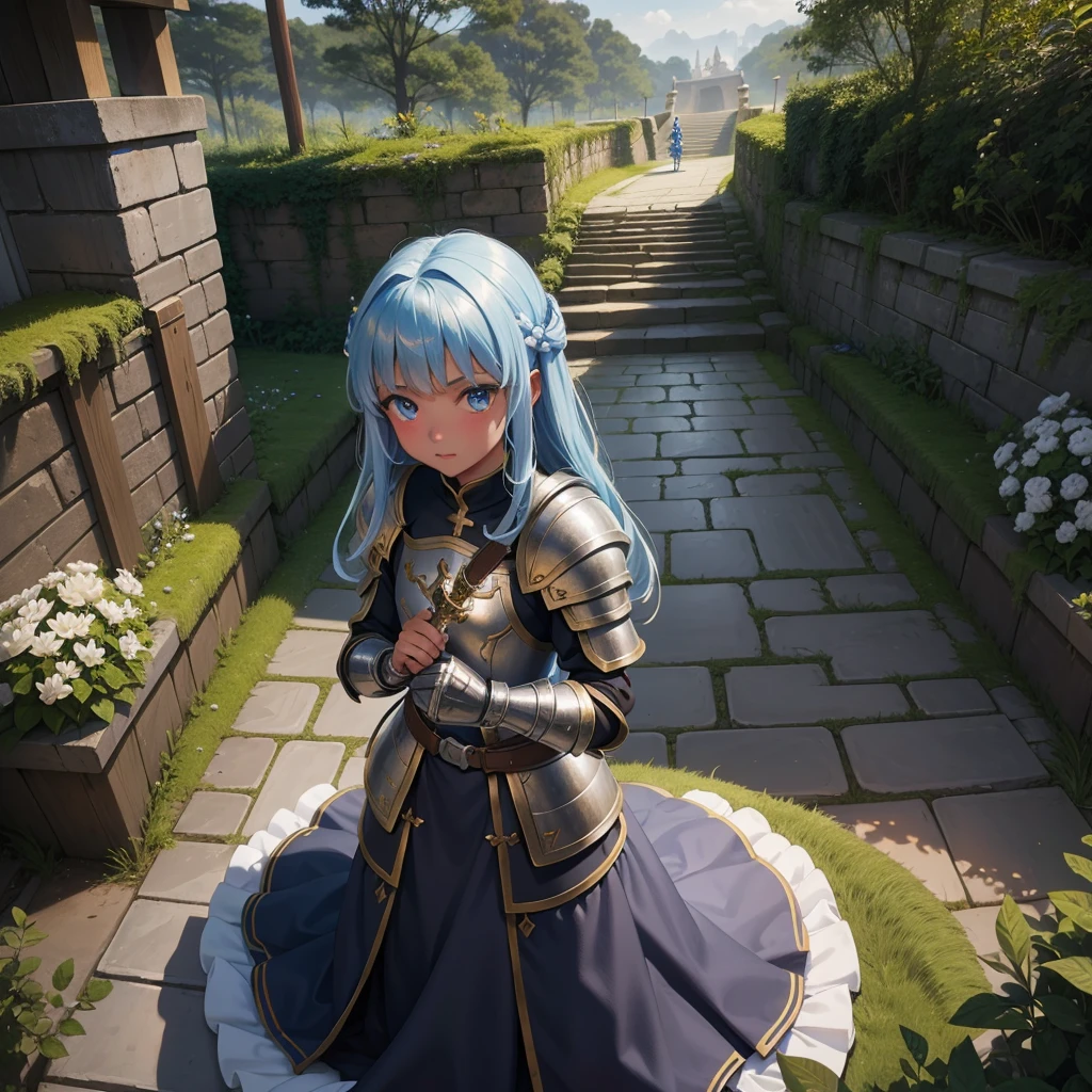 最high quality、high quality、Simple Armor、10Year-old girl adventurer、Climb the labyrinth stairs、Long skirt、Equipped with a dagger and a shield、Inside the dim labyrinth