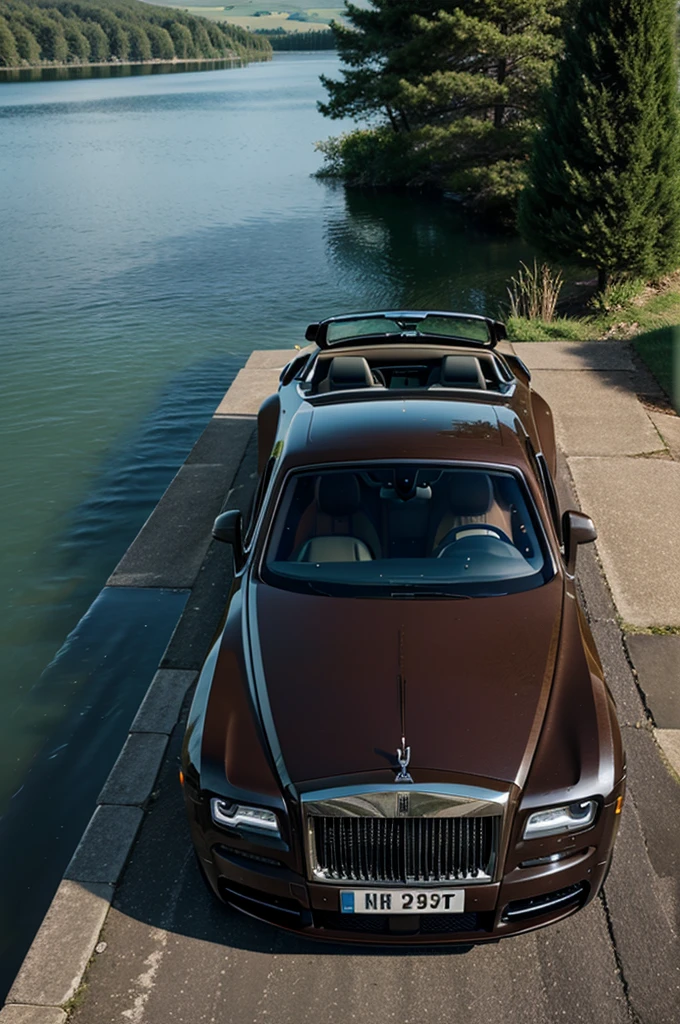 a luxury rolls royce parked near a lake