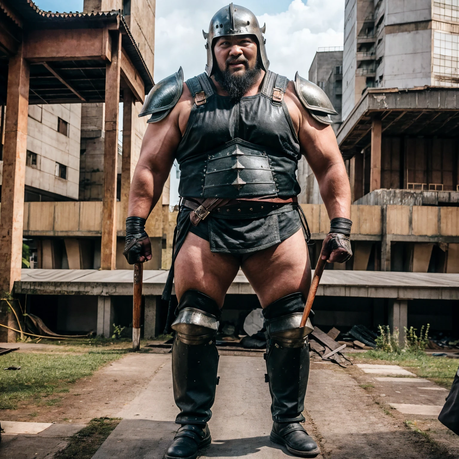 looking at us, Staring Intently, face focus, Bandit, Fat ferocious barbarian:2, This barbarian is a robust stocky Japanese, smirking, lets out a yell, mid combat, intense battle scene, leather and iron armor, armored short skirt, holding a Viking War Axes, legs exposed from thighs to feet, fierce warriors, ancient battlefields, epic showdown, battleground background, breathtaking action, masterpiece, volumetric lighting, Dramatic, Uighur the Warden, breathtaking action, dynamic poses, bald, ((ultra sharp)), ((masterpiece)), ((best quality)), ((ultra detailed)), ((intricate details)), Inguinal region detailed, Dilapidated, destroyed city after big air raids, fire, A desolate, post-apocalyptic cityscape, A brutal scene, casting an ominous shadow,
