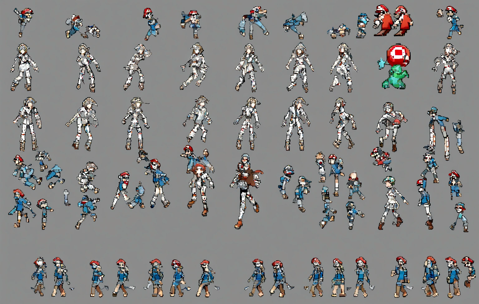 close-up of a person in different poses with different facial expressions, video game sprite, mario Sprite sheet walk cycle, spriteheet, 2 d sprite, Sprite sheet, 2D sprite, vfx spriteheet!!!!!, game concept art Sprite sheet, set of high quality hd sprite, Full-body sprite, sprite 2 d, sprite, 2 d sprite asset sheet