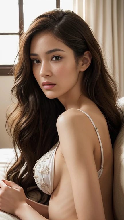 Absurd, ultra-detailed, high quality, masterpiece, detailed face, beautiful eyes(detailed eyes), Greek mythology, Goddess, Hera , the queen of the gods, striking and captivating, features are classically beautiful, with high cheekbones, a perfectly proportioned face, eyes depicted as large and captivating, hold an intense gaze, dark brown hair , hair is luxuriant and flowing, cascading down her back in waves , (small breasts:1.2), wearing elegant robes adorned with intricate patterns , Her beauty is not merely superficial but embodies the essence of power, authority, and regality.