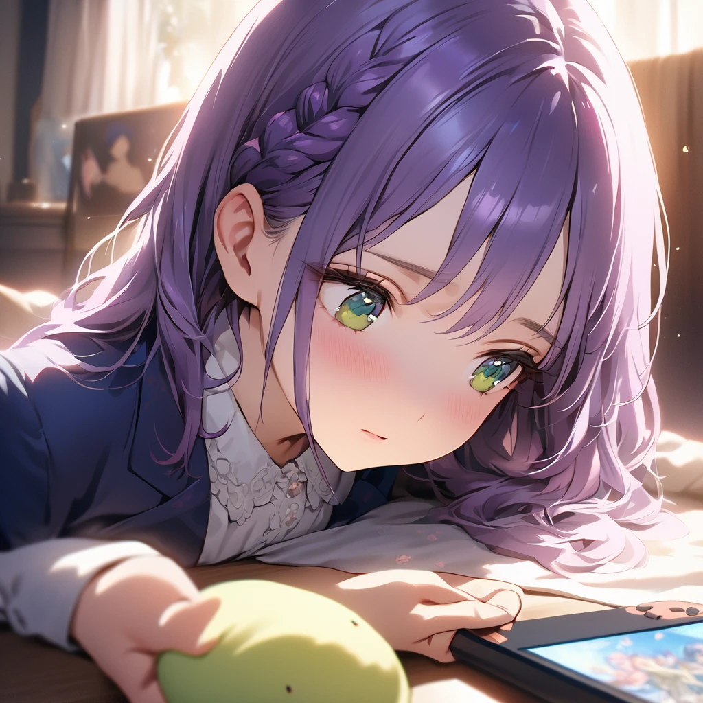 (Cute a girl:1.5), (masterpiece:1.3), anime visual,Women's navy blue business suit, blouse, blue-purple hair, braided, hair, green-eyed girl, (Lovey-dovey:1.5), (tilt head:1.3), extremely delicate face, soft clean focus, realistic lighting and shading, (an extremely delicate and beautiful art:1.3),she has a confused look on her face, a computer in her right hand and a girl's doll in her left hand, and a game console and books are lying at her feet,