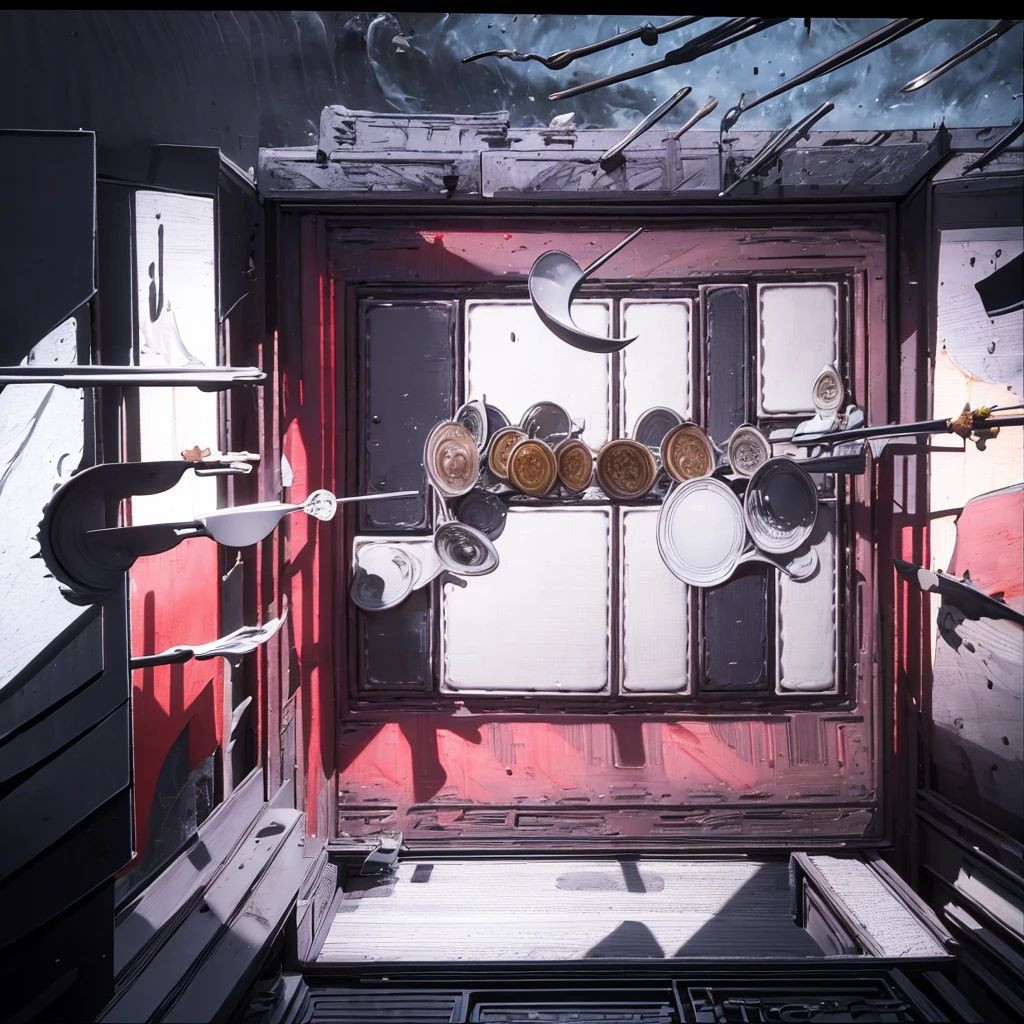A magical kitchen background with live, moving utensils, (best quality,4k,8k,highres,masterpiece:1.2),ultra-detailed,(realistic,photorealistic,photo-realistic:1.37),fantasy,magical realism,surreal,highly detailed kitchen,ignite stove,plate,bowl,cutting board,knife,chopsticks,forks,spoons,fire,spatula,dynamic kitchen scene,utensils come alive,anthropomorphic kitchen object,cinematic lighting,no human.