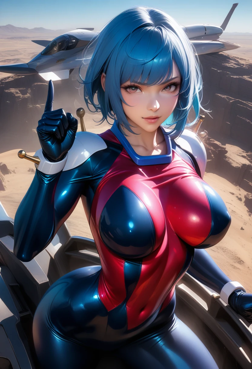 perfect hands, perfect finger,perfect anatomy, masterpiece, best quality,realistic, hyperrealistic, 16k hdr,1girl, large breasts,erected nipples,blue hair, bobcut,mobile trace suit, shoulder armor,bodysuit,fighting pose, upper body, cockpit,from above