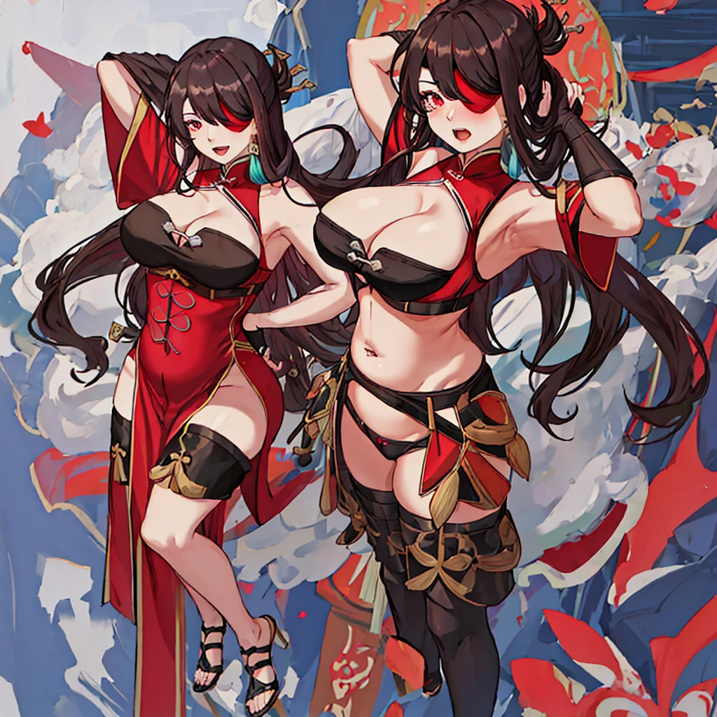 Best Quality, masutepiece, hight resolution, Solo, {beidou_Genshin:1.15}, long_hair, an eye patch, Red_Eyes, brown_hair, hair_ornament detached, hair_Over_One_eye, breasts, One_eye_Covered, Hairpin, hair_stick, Jewelry, Bangs, earrings, Large_breasts, cleavage, 1girl in, Chinese_Clothes, gloves, up looking_in_viewer, fingerless_gloves, furr_trim, Black_gloves, Holding, parted_Lips, bbw, chubby, large belly, (big belly:1.4), round belly, shocked, open mouth, her belly swelling, (hands behind head:1.4), (solo:1.5), swollen belly, midriff, navel, 8k