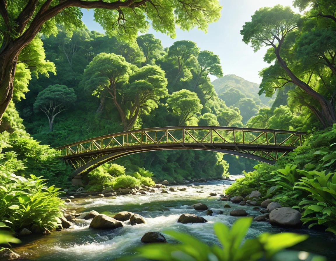 Create a 4K image of a large bridge spanning a river or canyon, constructed entirely from living trees and plants. Use a wide-angle shot from a slight distance to capture the entire bridge and its surroundings. The lighting should be natural daylight, casting gentle shadows and highlighting the green foliage. The image should be highly detailed, in sharp focus, and of very high quality with no blur.