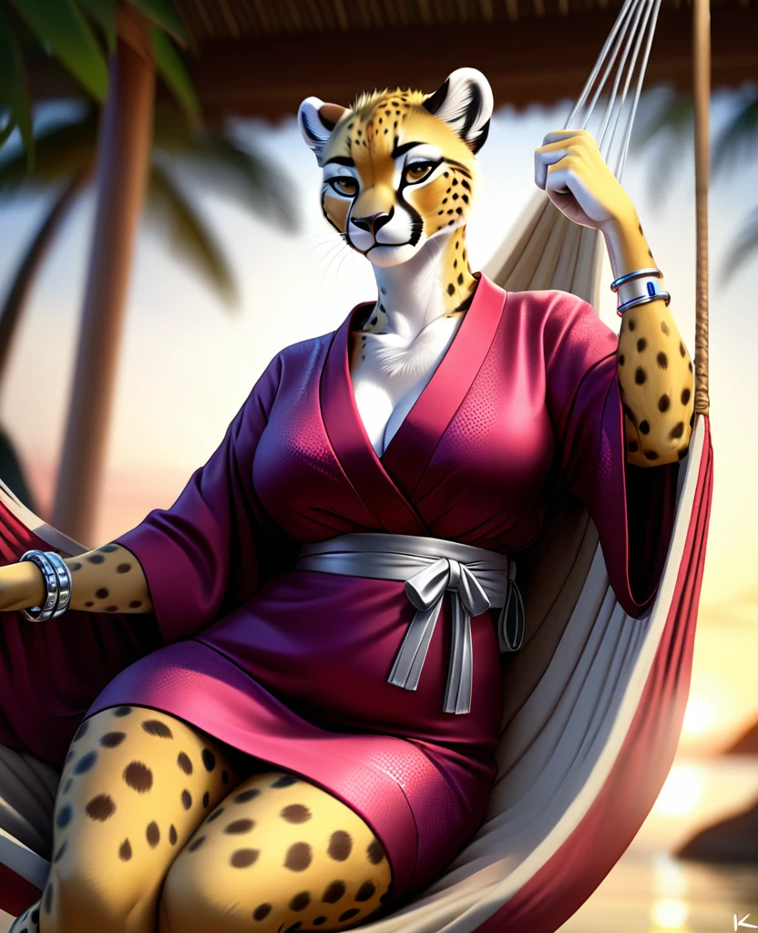 4k highly detailed realistic digital extremely high quality drawing, masterpiece, (by keeltheequine), (uploaded on e621), (beautiful and detailed eyes: 1.1), cinematic lighting, (f1.8 short focus bokeh), Female cheetah, fat, hammock, tropical setting, kimono, silver earrings, silver bracelets, silver rings, silver necklaces