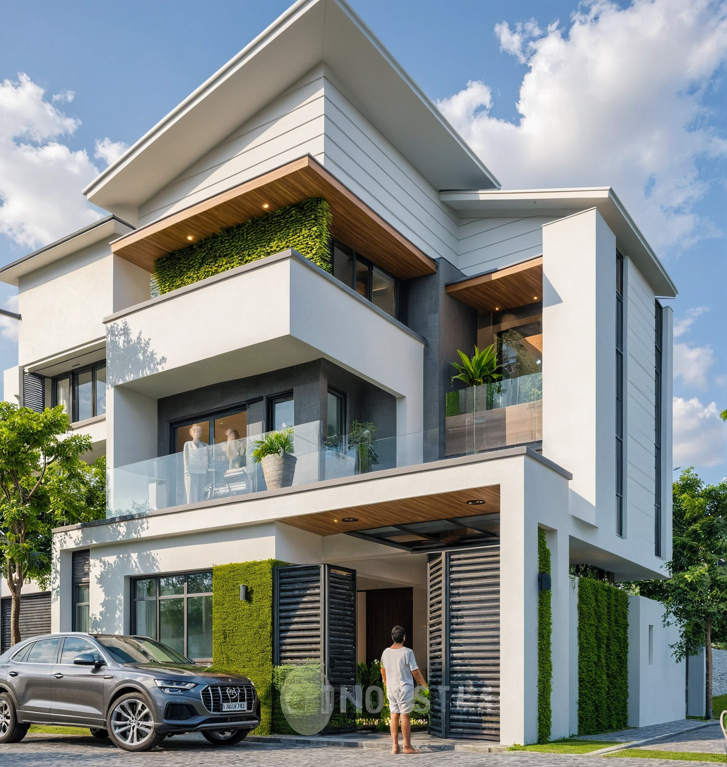 Masterpiece, high quality, best quality, authentic, modern villa, realistic scene, super detail, outdoors, house on the street, white wall, glass window, steel gate, road, pavement, grass, trees, sky, cloud, car (daylight:1.1)

