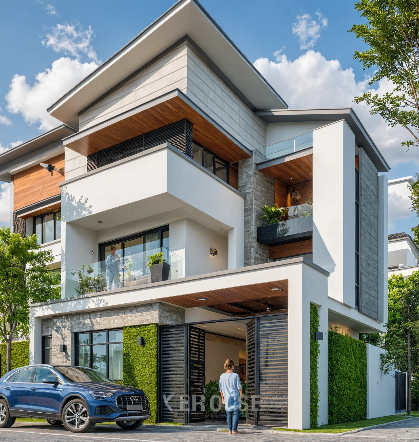 Masterpiece, high quality, best quality, authentic, modern villa, realistic scene, super detail, outdoors, house on the street, white wall, glass window, steel gate, road, pavement, grass, trees, sky, cloud, car (daylight:1.1)
