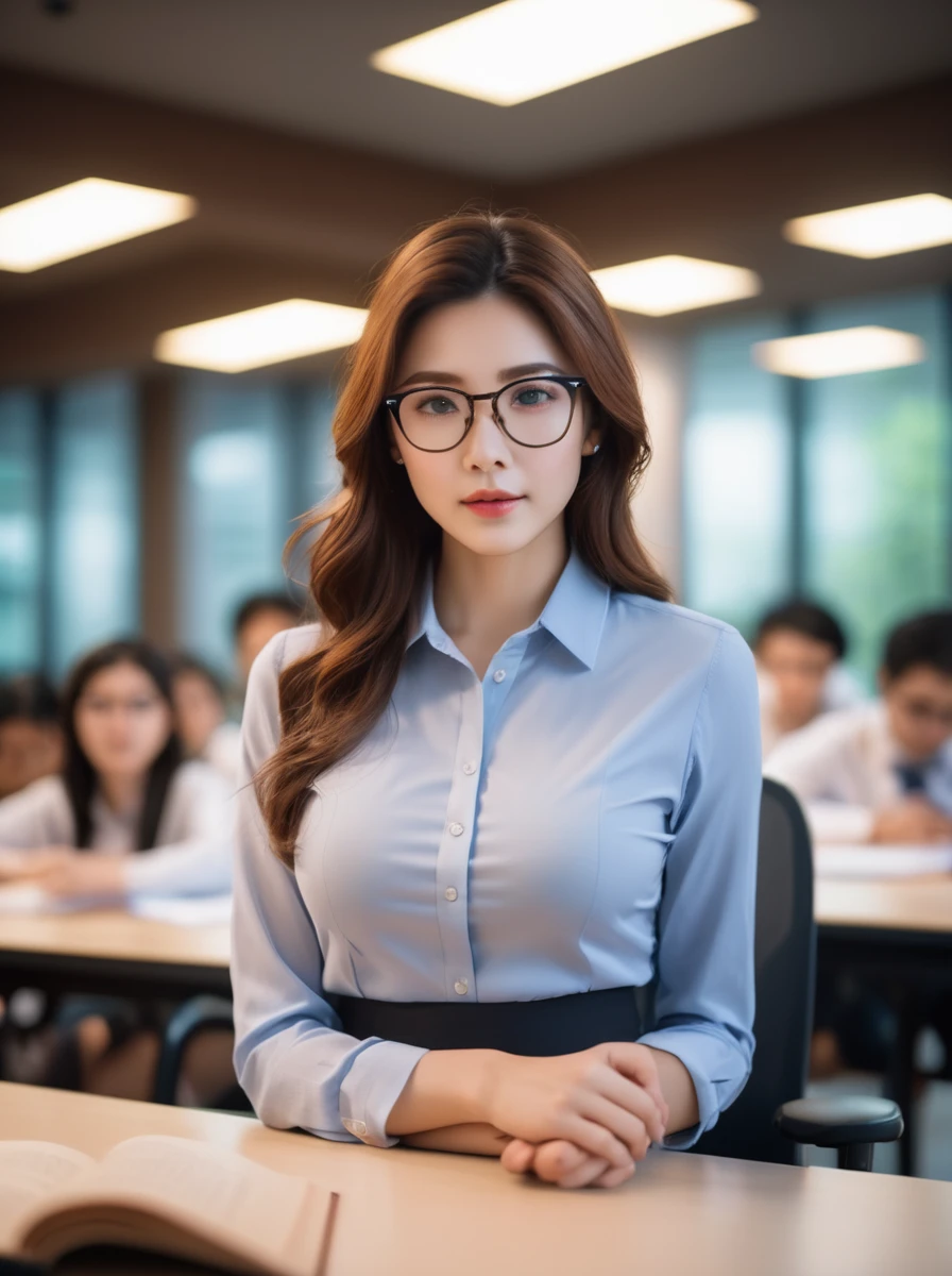 Cinematic photos (Super real:0.5),Practical,Very detailed,Age decline,young,Sexy,Huge breasts,delicate eyes,detailed Face,Delicate skin,
1 Girl,transparent tight shirt,skirt suit,Black Frame_Glasses,lecture in class,
damimi,Face_focus,. 35mm Photo, , Bokeh, professional, 4k, Very detailed