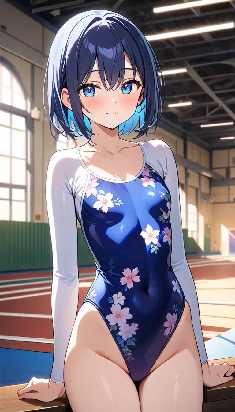 highquality illustration, masterpiece, very delicate and beautiful, attractive girl,(gymnastics leotard, Floral patterns leotard,long_sleeve leotard,high_leg leotard,athletic leotard,tight-fit leotard),thin,slender body,slim,high school,gymnasium background,gymnastics club,gymnastics athlete,princess, beautiful eyes,light smile,(masterpiece, best quality:1.2), highres, extremely detailed CG unity 8k wallpaper, perfect lighting, Colourful, ultra-high res,4K,ultra-detailed, photography, 8K, HDR, ages,