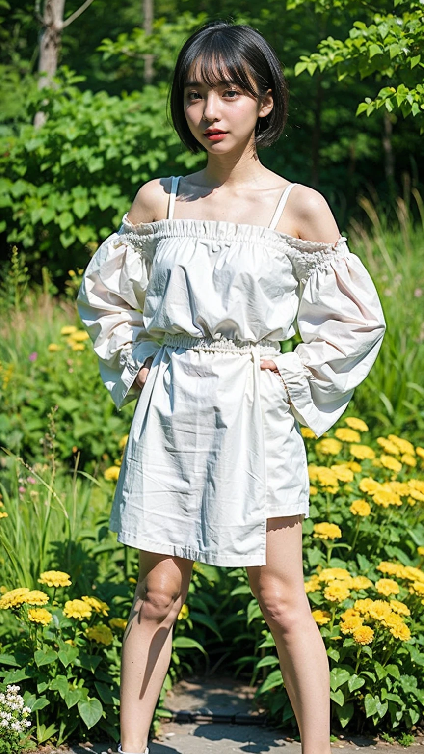 (8k、RAW Photos、highest quality、masterpiece:1.2)、(Realistic、Realistic)、1 girl、((hill、Off the shoulder、Belly button、、Black andals、See-through、Frills、Facing forward、Standing with hands on hips))、