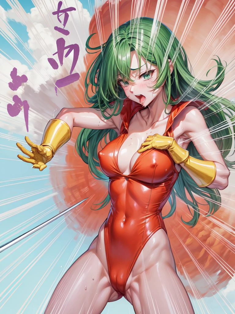 Female Combatant、Green haired Japanese girl、Close-up of a girl in a red leotard、Red shiny leotard、Black fishnet stockings、Black boots、Saiyan Girl, wonderful, Nano Girl, Female body type, Inspired by Hiromu Arakawa, Anime Manga Robot!! Anime Girls, Fubuki, Full Body Suit, by Hiromu Arakawa、wonderful, silk, Beautiful and attractive anime teen, Anime Girls of the future, tears,Drooling,???,Sweat,Tongue out,incontinence,Peeing、Estrus、Eyes wide open,Estrus,Blushing,??????? are ?????,Face is hot、Lust、incontinence、Armpit Hair、pubic hair、??????? are ?????、My ?????? is wet、Stabbed with a sword
