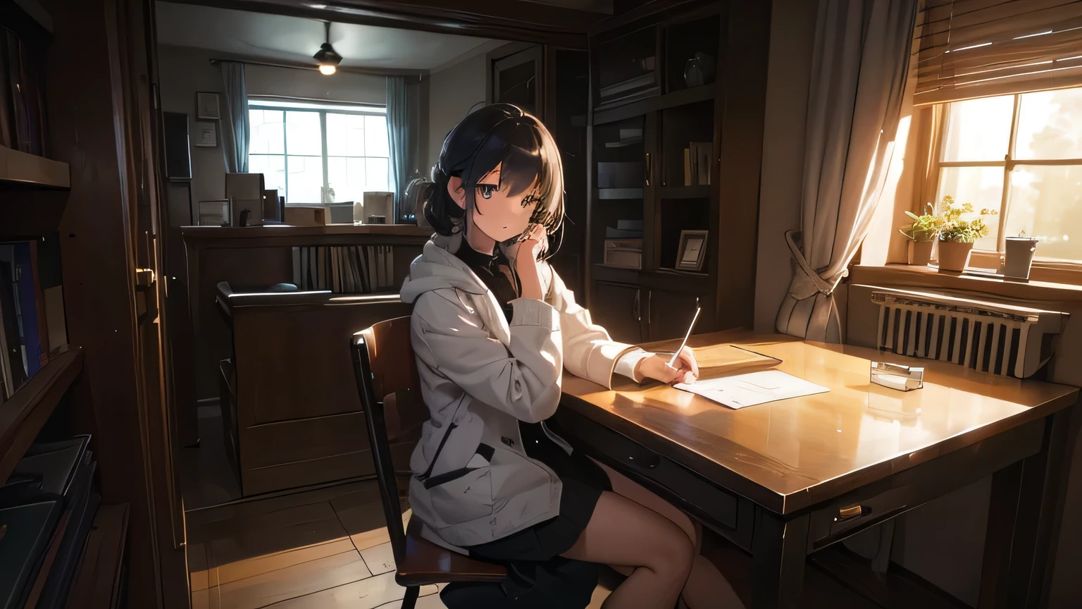 It is a secret room with dim lighting and a quiet, lo-fi atmosphere, like a cozy café or study, with Erno Rubik's Magic Cube on the desk,A young female therapist in a white coat sits in a chair, looking at you with a slight smile.