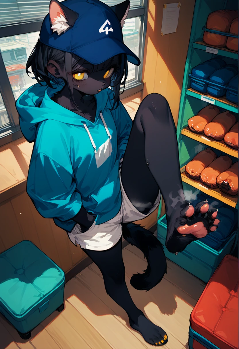 score_9,score_8_up,score_7_up,score_6_up,score_5_up,source_anime,source_furry, furry female, furry, anthro, cat, anthro_feline, black fur, yellow eyes, black hair, paw_sloe,sharp_toenails, pawpads, (standing and show foot,standing and toe-point,toe-point,from above,standing,foot focus,leg up,fish eye,standing on one leg),
gym storeroom, hoodie,baseball cap,hands in pockets,micro shorts,steaming and sweat foot