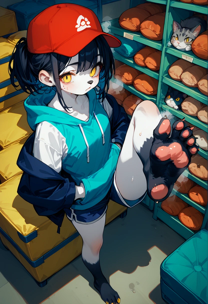 score_9,score_8_up,score_7_up,score_6_up,score_5_up,source_anime,source_furry, furry female, furry, anthro, cat, anthro_feline, black fur, yellow eyes, black hair, paw_sloe,sharp_toenails, pawpads, (standing and show foot,standing and toe-point,toe-point,from above,standing,foot focus,leg up,fish eye,standing on one leg),
gym storeroom, hoodie,baseball cap,hands in pockets,micro shorts,steaming and sweat foot