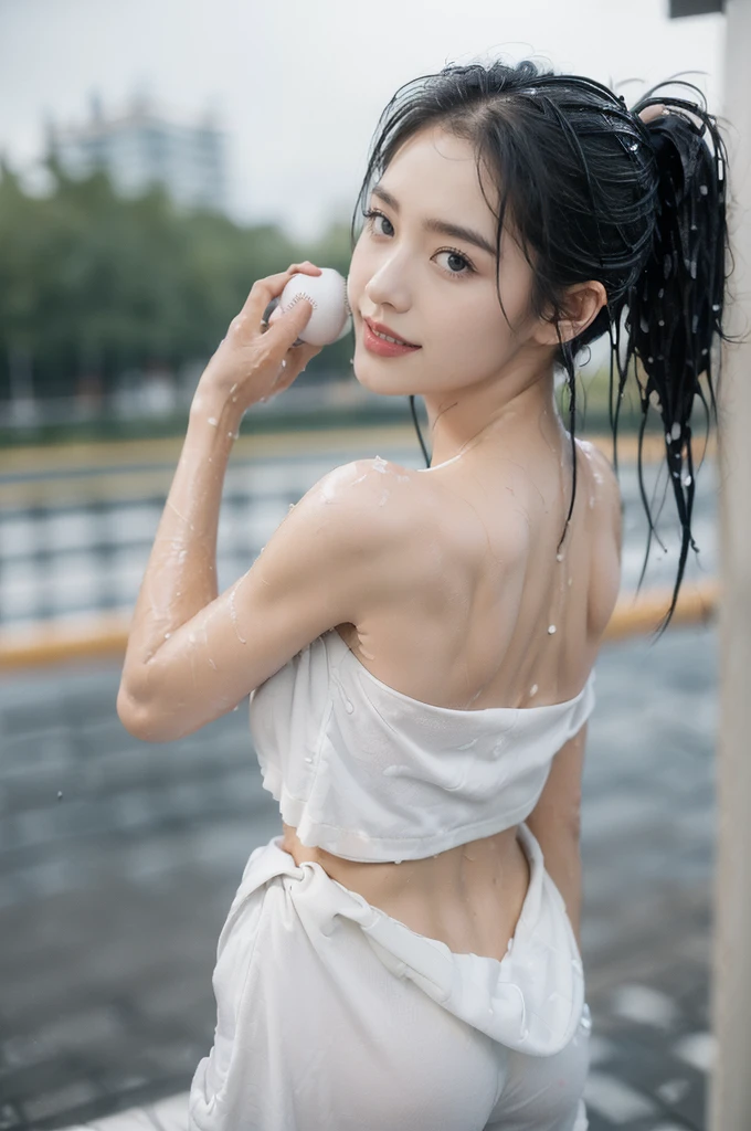 (Extremely meticulous CG),(((8k))),wallpaper,((Extremely refined and beautiful)),(((Masterpiece))),(((best qualtiy))),(((Ultra High Resolution))),beautiful light up,realistic shaded,(Smooth and flawless fair skin:1.5),(Extremely exquisite facial details:1.2),(ultra-detailed:1.5),((a beautiful girl,solo)),(White baseball cap:1.3),(short ponytail:1.2),(wet hair:1.5),(small head:1.2),(slender face:1.2),(Exquisite makeup:1.3),(happy:1.2),(laughing:1.2),(perfect body:1.1),(wet:1.5),(sweat:1.3),(shiny skin:1.5),(strapless torn white t-shirt:1.3),(bare back:1.3),(towering hips:1.3),(torn Small black and white checkered pajama pants:1.5),((slim,thin)),(from back:1.3),(standing:1.3),(butt crack:1.3),(at the schoolgate:1.5),(Distant urban landscape:1.3),(outdoor:1.3),(summer:1.3),(day scene:1.3),(rainy:1.3),(overcast:1.5),(upper body:1.3)