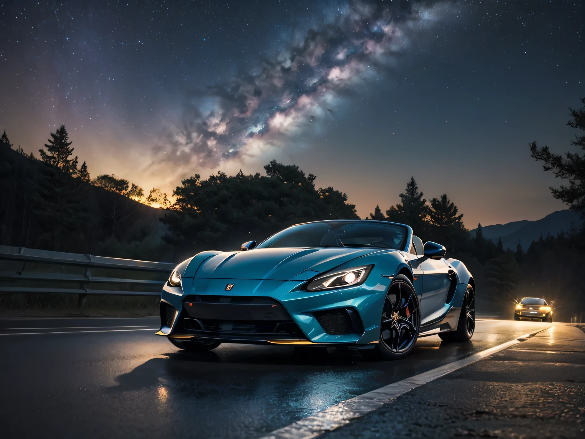 Racing under the Milky Way. Futuristic sports car, blue and gold, wet asphalt, starry night, dramatic lighting.