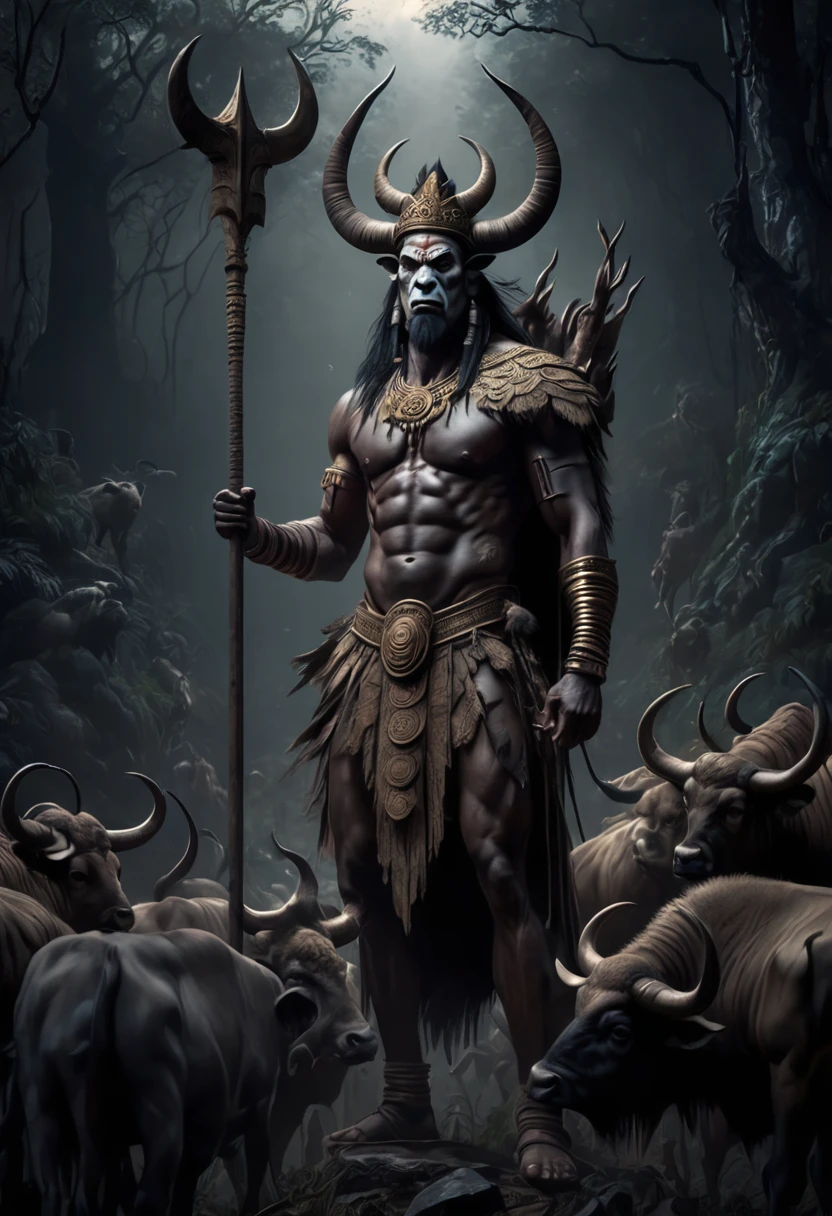 {A photorealistic image of a tall, muscular human with the head of a buffalo, dressed in Majapahit royal attire, wearing a king's crown on its head, holding a machete and a trident spear in its hands, standing tall among a herd of goats and cows, set against the backdrop of a dark, dense forest, with dim light at night, creating a horror atmosphere, the scene resembles a horror movie poster, high detail, sharp focus, wide angle, 35mm lens, 8K resolution, HDR, professional lighting, cinematic, dark colors}