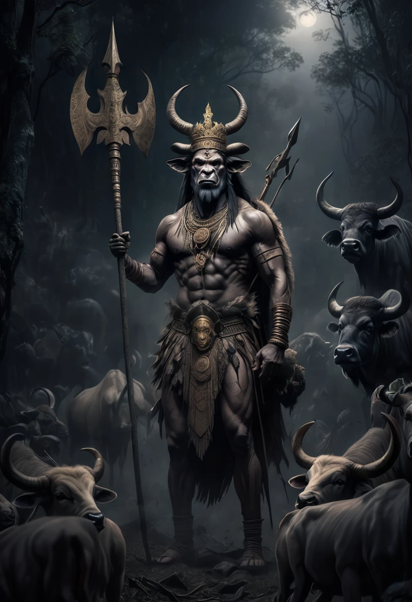 {A photorealistic image of a tall, muscular human with the head of a buffalo, dressed in Majapahit royal attire, wearing a king's crown on its head, holding a machete and a trident spear in its hands, standing tall among a herd of goats and cows, set against the backdrop of a dark, dense forest, with dim light at night, creating a horror atmosphere, the scene resembles a horror movie poster, high detail, sharp focus, wide angle, 35mm lens, 8K resolution, HDR, professional lighting, cinematic, dark colors}
