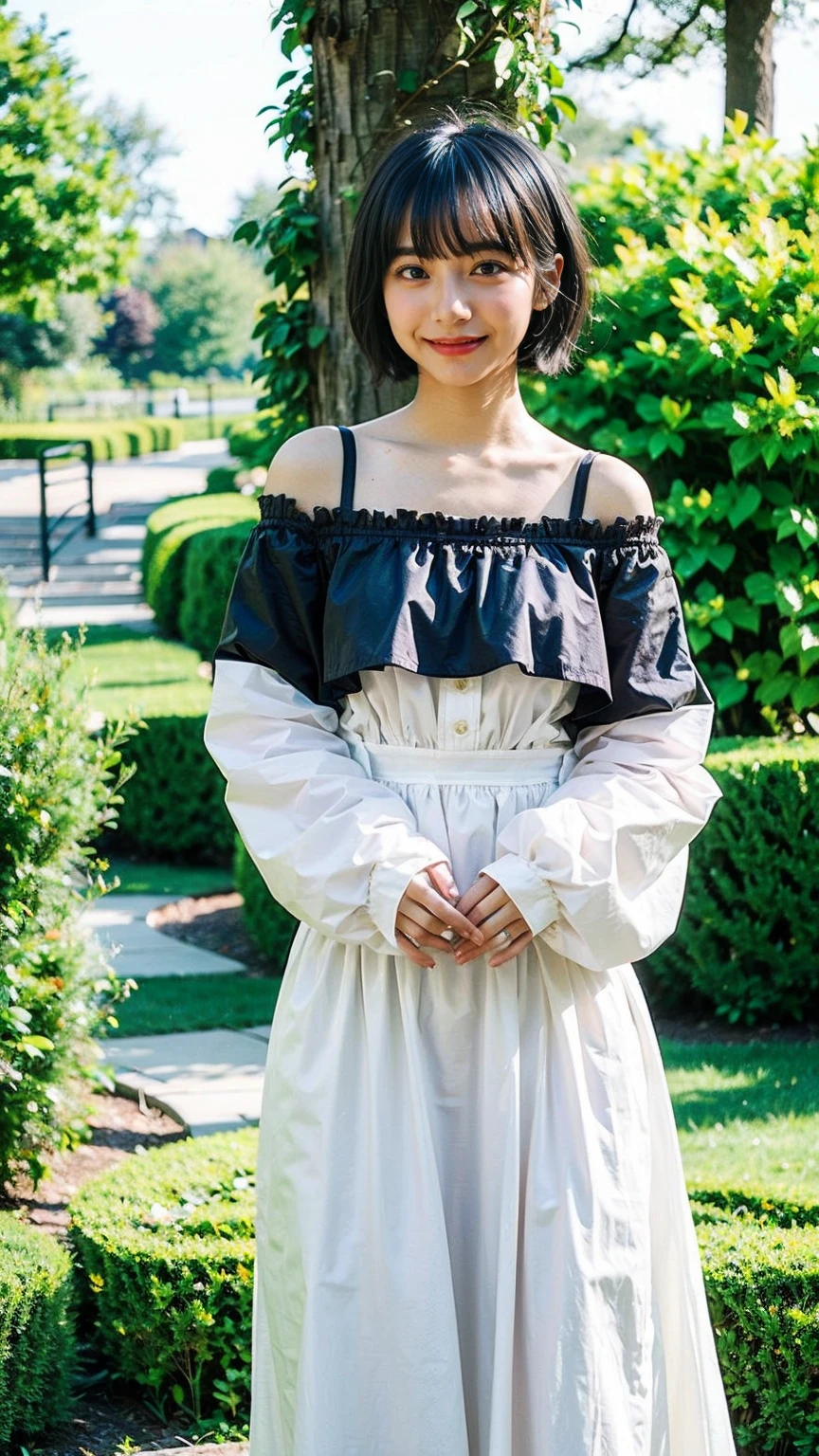 (8k、RAW Photos、highest quality、masterpiece:1.2)、(Realistic、Realistic)、1 girl、((garden、short hair、Off the shoulder、Belly button、smile、National costume、Large Breasts、Black ee-through、Frills、Semi-long hair、barefoot、Facing forward、Standing with hands on hips))、