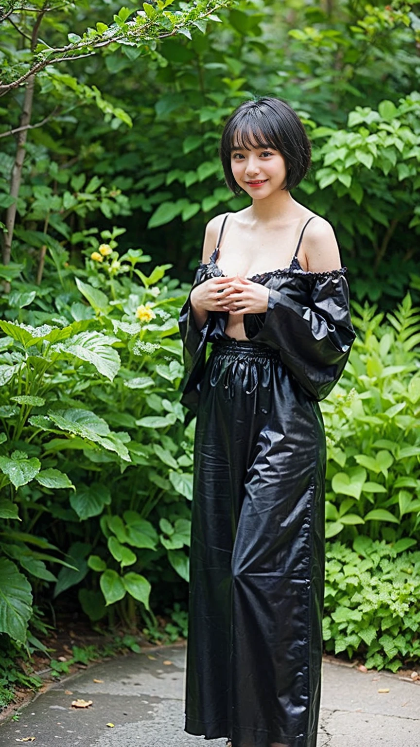 (8k、RAW Photos、highest quality、masterpiece:1.2)、(Realistic、Realistic)、1 girl、((garden、short hair、Off the shoulder、Belly button、smile、National costume、Large Breasts、Black ee-through、Frills、Semi-long hair、barefoot、Facing forward、Standing with hands on hips))、
