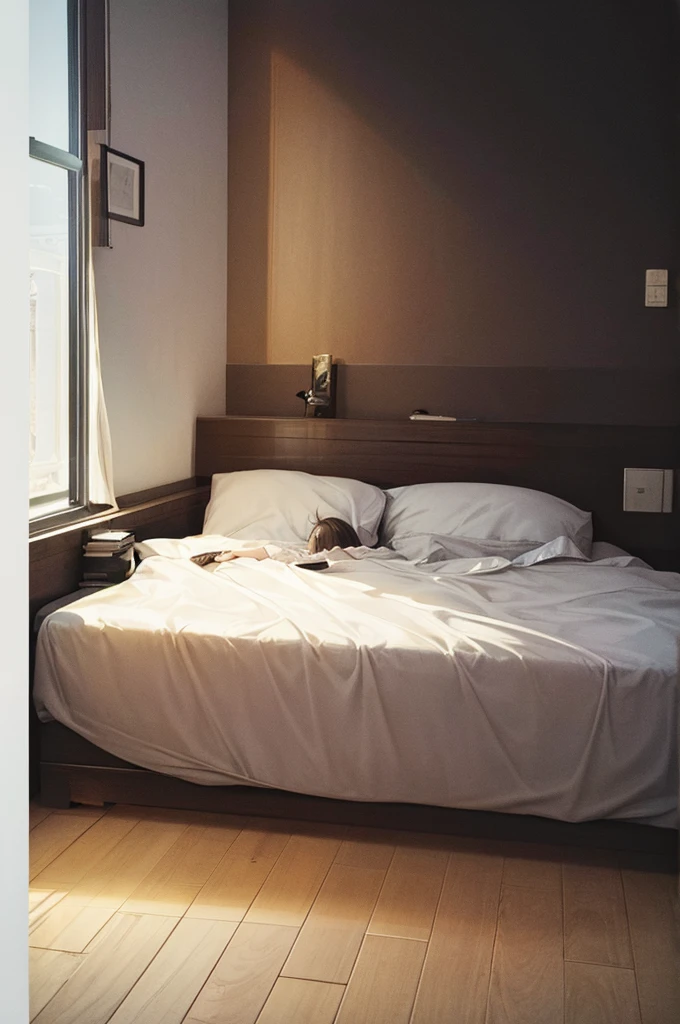 masterpiece, highest quality, 1 girl, alone, effect, Dark Background, In the room at night、A girl in bed answers the phone with a solemn expression