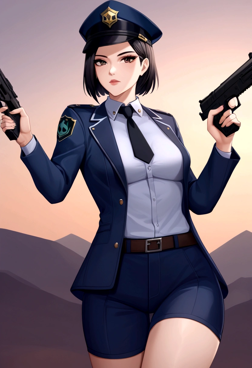 anime girl in uniform holding a gun and pointing it at the camera, officer, seductive anime girl, policewoman, Trigun Stampede style, short hair, straight hair, Viper | Valorant, Jane | Alchemy Stars, White Shirt, blue blazer, thicc, casual pose, 
a-1 pictures, high quality fanart, portrait n - 9, 