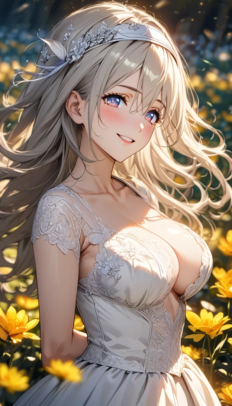 beautiful girl, long grey hair, beautiful face,smiling,close up to hips, beautiful breast, in the middle of flowers field, wearing beautiful wedding dress, (open mouth:0.4),illustration,detailed textures(realists),ultra-detailed,portrait style,vivid colors,soft lighting, blushing, mature, hair fluttering, evening light , head band, cleavages , white bras, side profile 