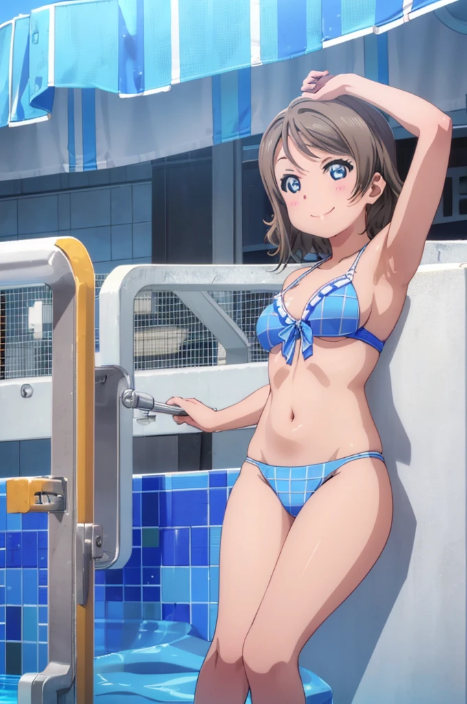 (((pixel-perfect, detail-perfect))), solo, 1girl, you watanabe, eyes azzur, smile, bikini, pool, armpit, big filesize, ultra High Qality