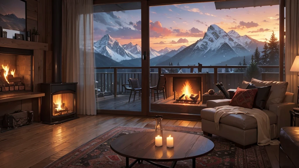 fireplace in a cozy living room with a view of the mountains, a hyperrealistic painting inspired by Evgeny Lushpin, polycount contest winner, digital art, unreal engine ; romantic theme, cozy and peaceful atmosphere, cozy place, cozy setting, cozy home background, cozy and calm, cozy atmospheric, cozy environment, warm beautiful scene, cozy atmosphere