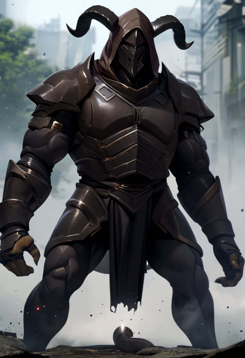 A tall strong guy, foggy hood, dark armour, no helmet, full face, demon horns, big bottom canines tooths, human apearence