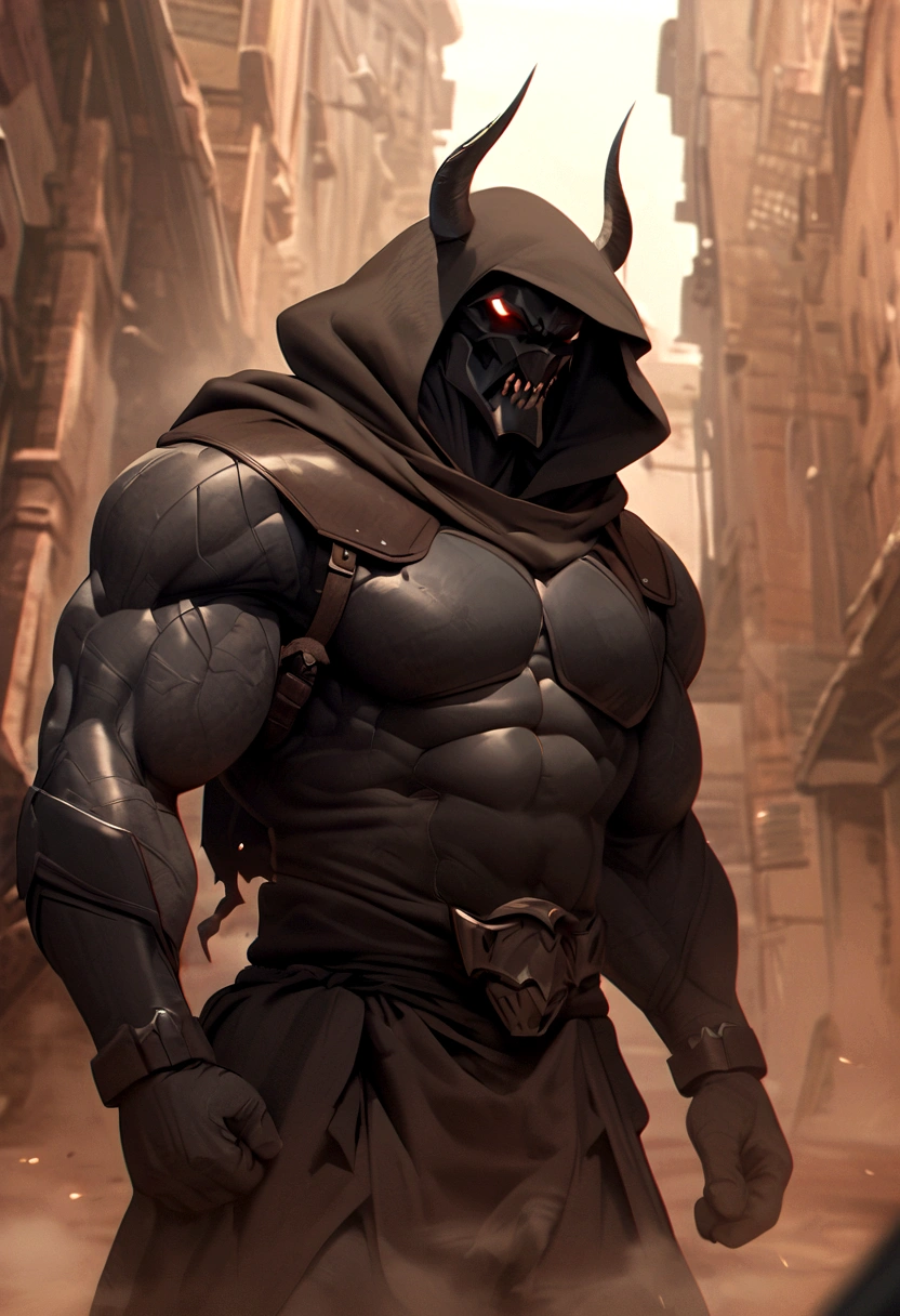 A tall strong guy, foggy hood, dark armour, no helmet, full face, demon horns, big bottom canines tooths, human apearence