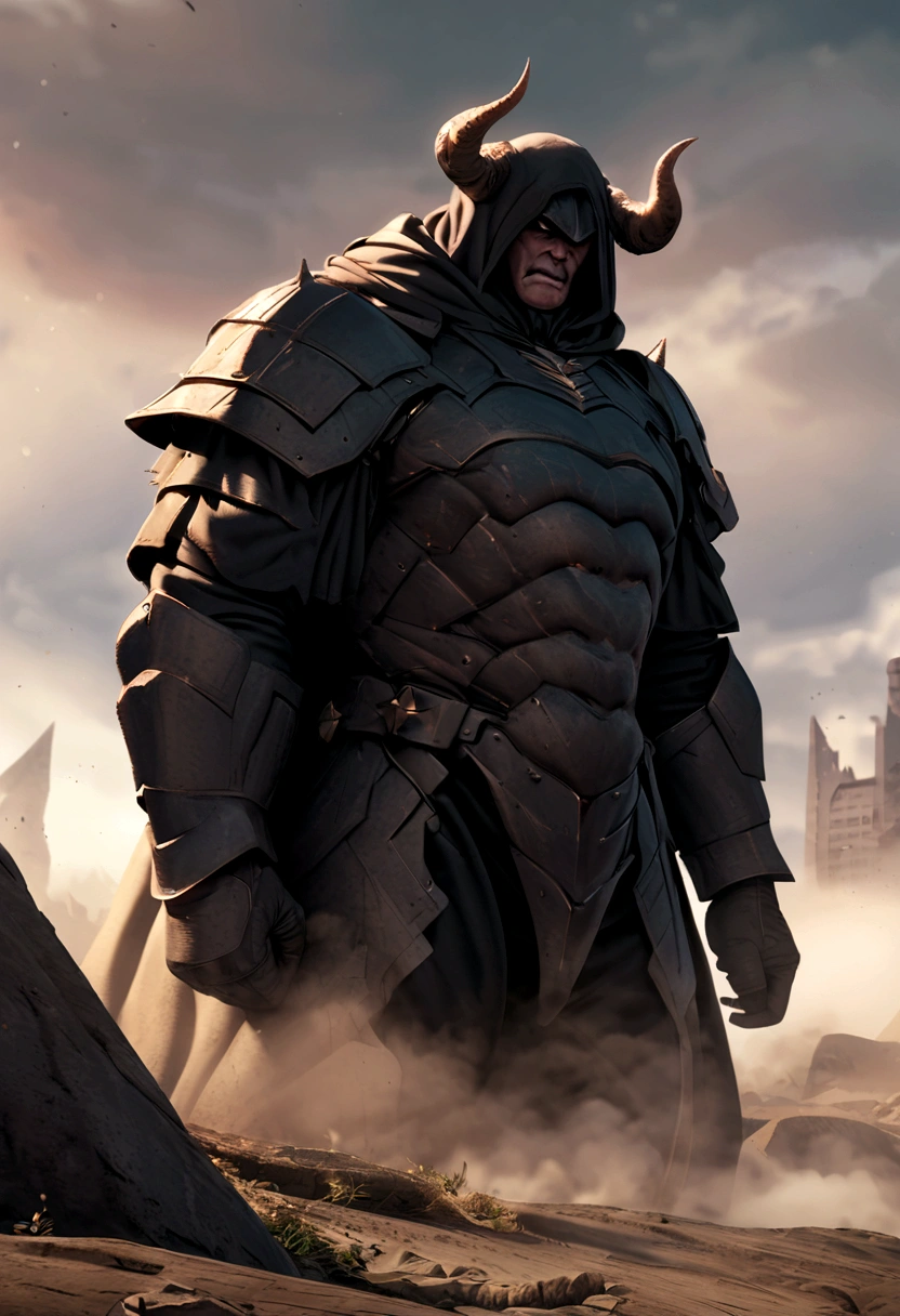 A tall strong guy, foggy hood, dark armour, no helmet, full face, demon horns, big bottom canines tooths, human apearence