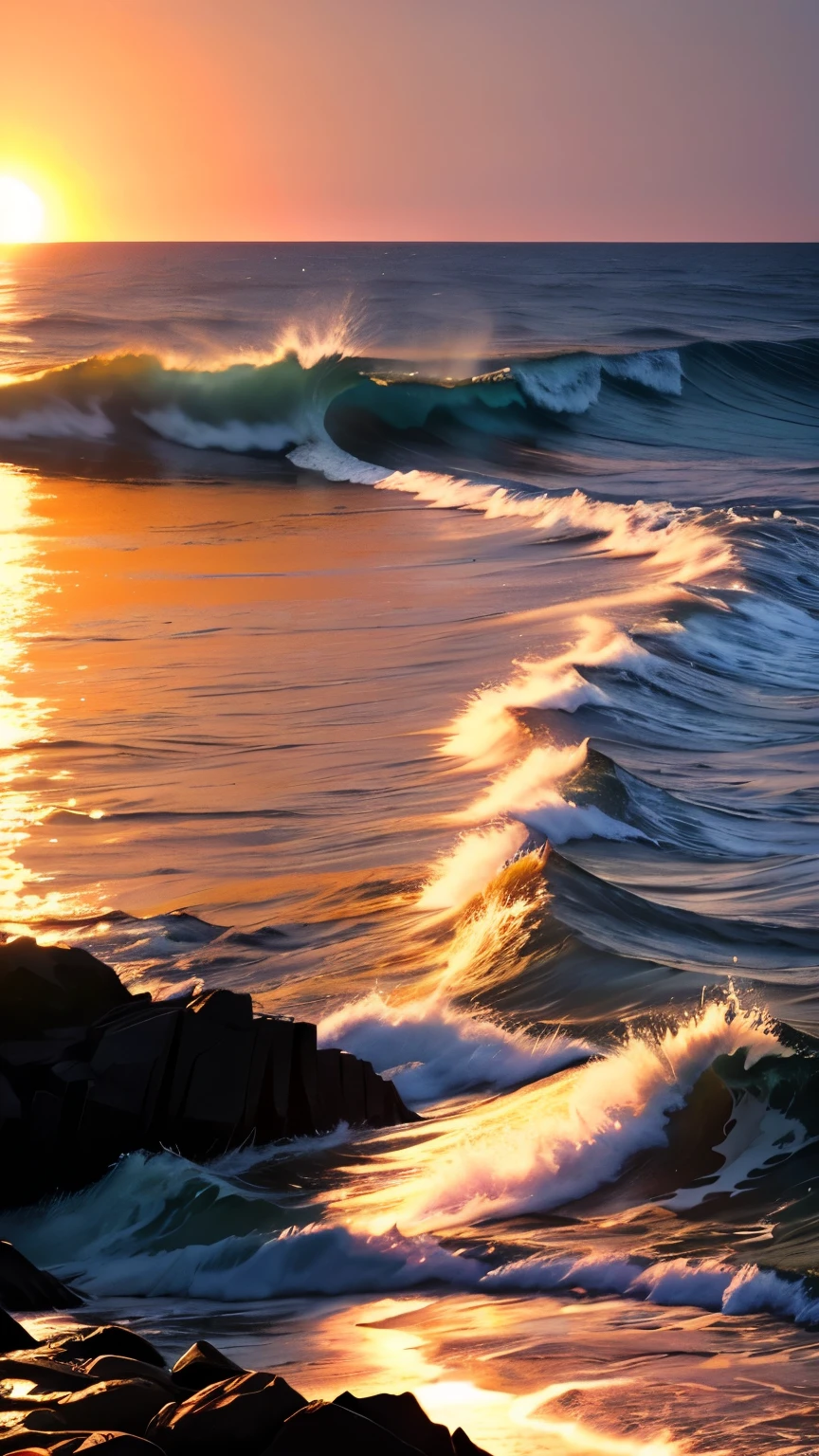 As the sunset sky spreads、A quiet coastline is depicted。The sun was sinking below the horizon、The light reflects off the surface of the sea, giving it a beautiful orange glow.。The waves gently crash onto the sand、The bubbles are white and shiny。The overall atmosphere is peaceful and relaxing、Beautiful sunset seascape。