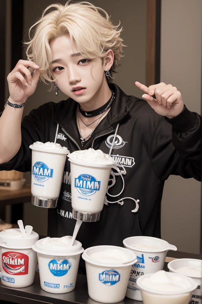 Crie uma imagem realista do BangChan do grupo stray kids fantasiado de Milk Man