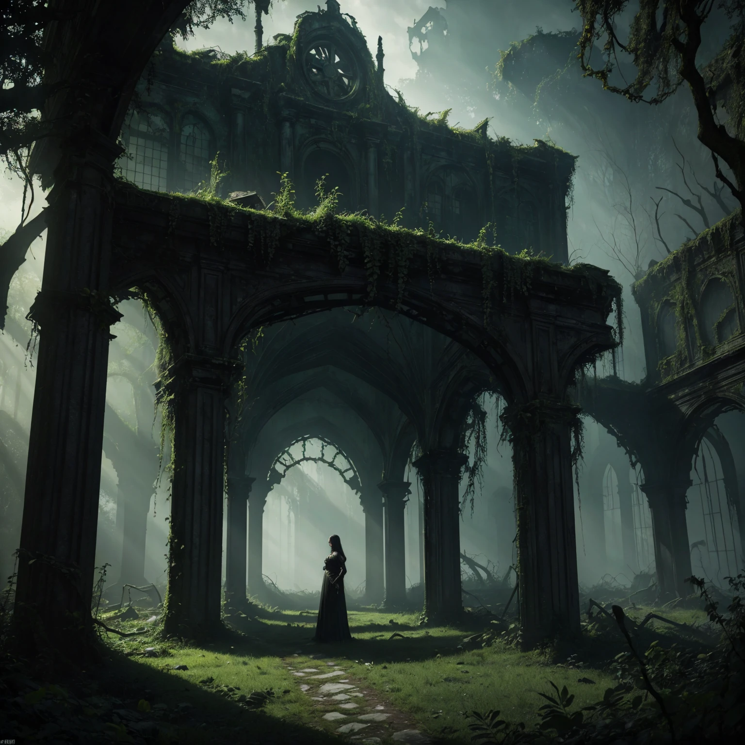 a dark abandoned palace, overgrown with lush vegetation, vines crawling along the crumbling walls, shafts of eerie green light piercing through the gloom, the atmosphere thick with a sense of foreboding, a lone figure standing amidst the ruins, shrouded in shadow, (best quality,4k,8k,highres,masterpiece:1.2),ultra-detailed,(realistic,photorealistic,photo-realistic:1.37),horror,dark fantasy,dramatic lighting,moody,cinematic,moodygreenandblack,abandoned,overgrown,ruins,vines,decay,eerie,sinister,ominous