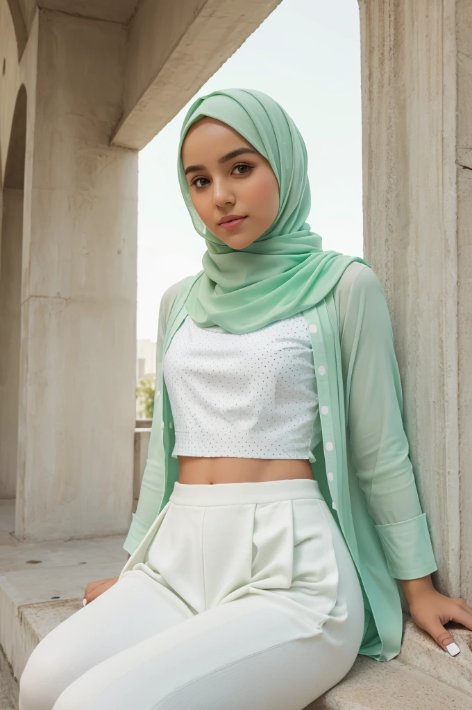 Create an image of a girl wearing white hijab and knee length green pastel coloured tunic with white dots on it and white shrug and white pants and white Snickers