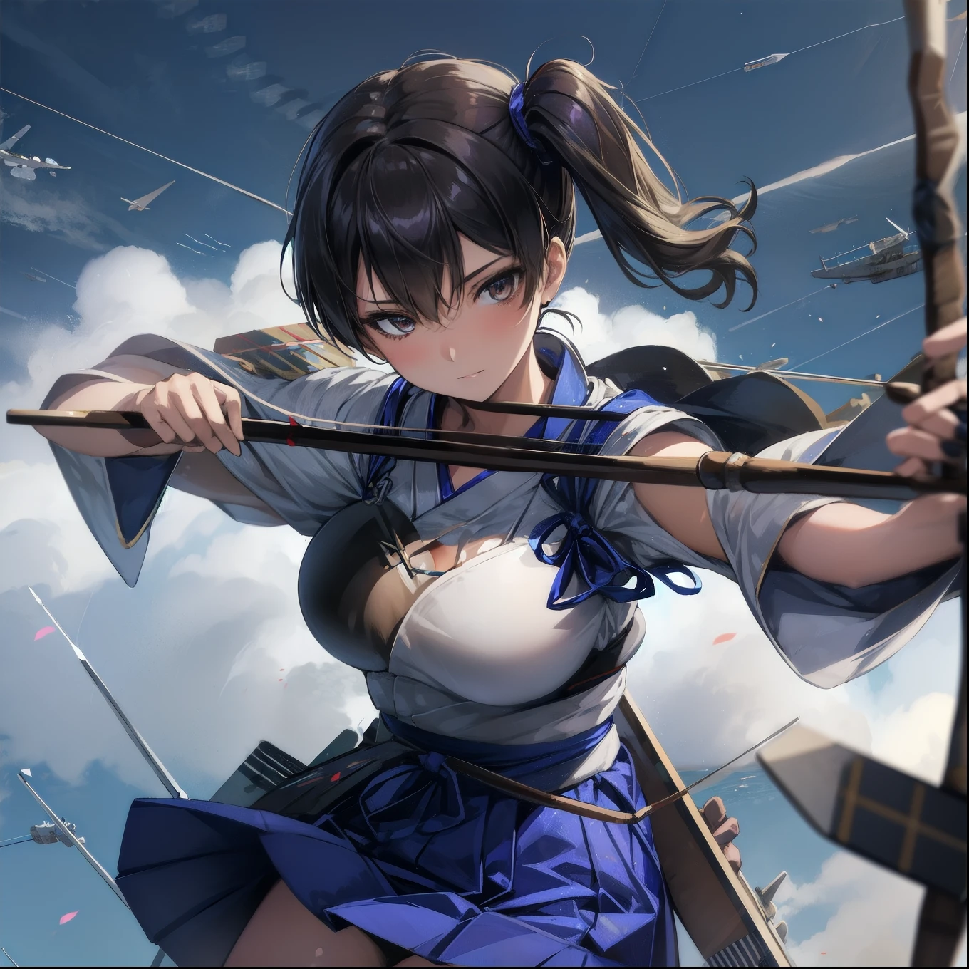 Kaga(Fleet Collection),highest quality, masterpiece, High resolution,kimono,blue skirt,side ponytail,big_breasts,solo,Japanese_bow&arrow,dynamic_posing,half_eyes,solo