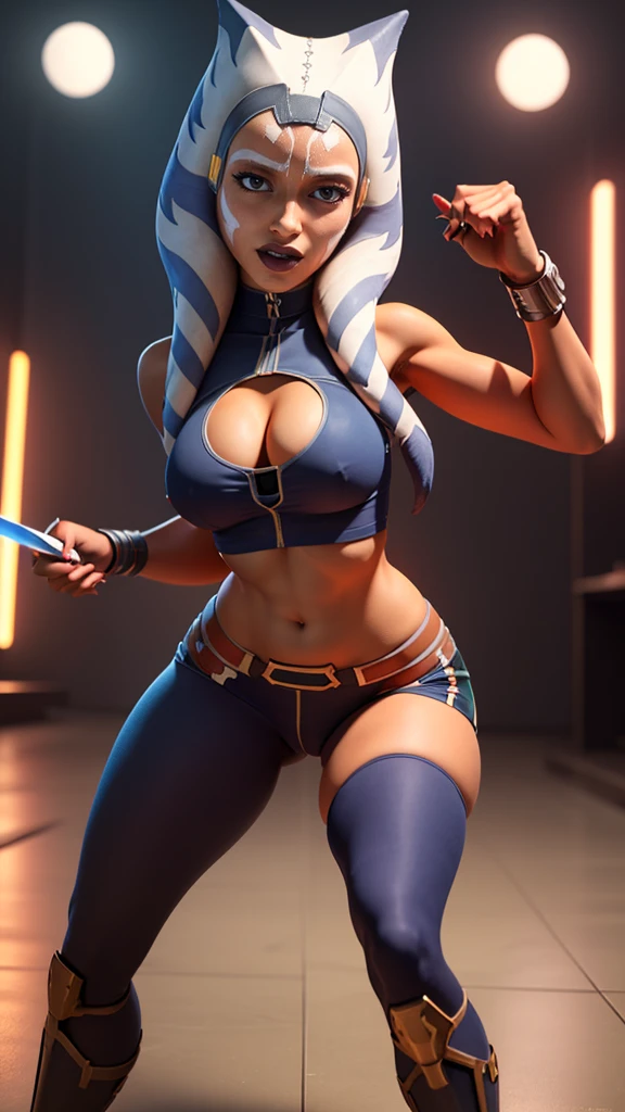 (Full portrait body:1.2), perfect woman figure, flirting, (masterpiece, best quality, ultra-detailed), (background battle, droids, robots, star wars,, night, war, battle), extremely detailed eyes, Ahsoka Tano, shining skin, blue eyes, makeup, (blue crop top), blue shirt, vambraces, fingerless gloves, ideal body, out fit top, perfect anatomy, long legs, perfect hips, blue leggings,big breast ,large perfect chest, A top with a cutout on the chest, Fighting stance, good hands, Smooth fingers on the hands, she holds a knife in his hand, sexy