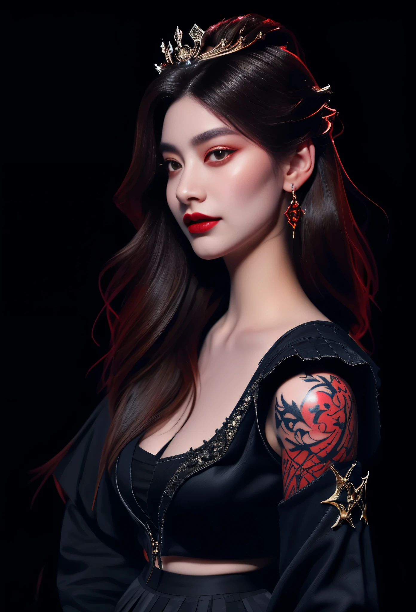 (High resolution,Practical) Long hair girl,skirt, Beautiful demon woman from hell, (in the darkness: 1.6), Very rich facial details,Red-black lips, Shoulder devil tattoo,rugged, Moderate: Detailed facial features, Determine the expression, Dark background,The environment is mysterious and elegant, Model, High contrast required, Jewelry, earrings, miniskirt, shirt, Jacket, brown hair, 白shirt, A bracelet, Hair Bun, single Hair Bun, long skirt, Shut up, Hoop Earrings, blue Jacket, skirt, Beautiful demon woman from hell, (in the darkness: 1.6), 大卫霍克尼和阿尔方斯穆夏的Surrealism女性portrait, Fantasy Art, Korean Doll, Photorealism, Dynamic Lighting, Art Station, poster, Volumetric Lighting, Very rich facial details, 8K, in the darkness, Deep Shadows, low pitch, long hair, Black Hair, Luxurious Palace, Royal style, Demon Crown, The red eye makeup is very vivid and detailed, the most beautiful face, Normal breast, Surrealism, Charming smile, The eye makeup is beautiful, Gurwitz, Devil style, Red-black lips, Shoulder devil tattoo, Gloomy weather,Thunder, (portrait), Close-up of the protagonist, (Background details 1.8), Revealing clothes, cosmetic, 白skirt